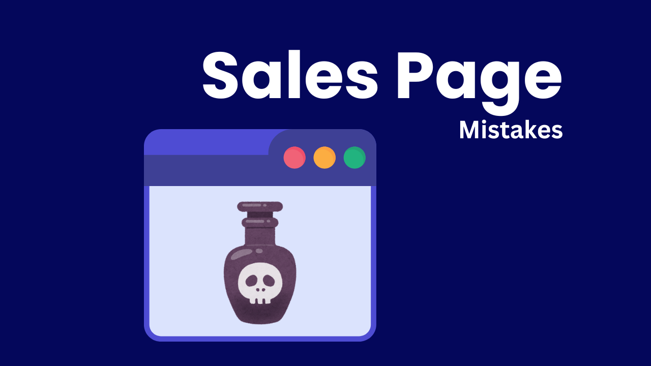 "Sales page mistakes" text on a blue background with web browser icon displaying poison bottle