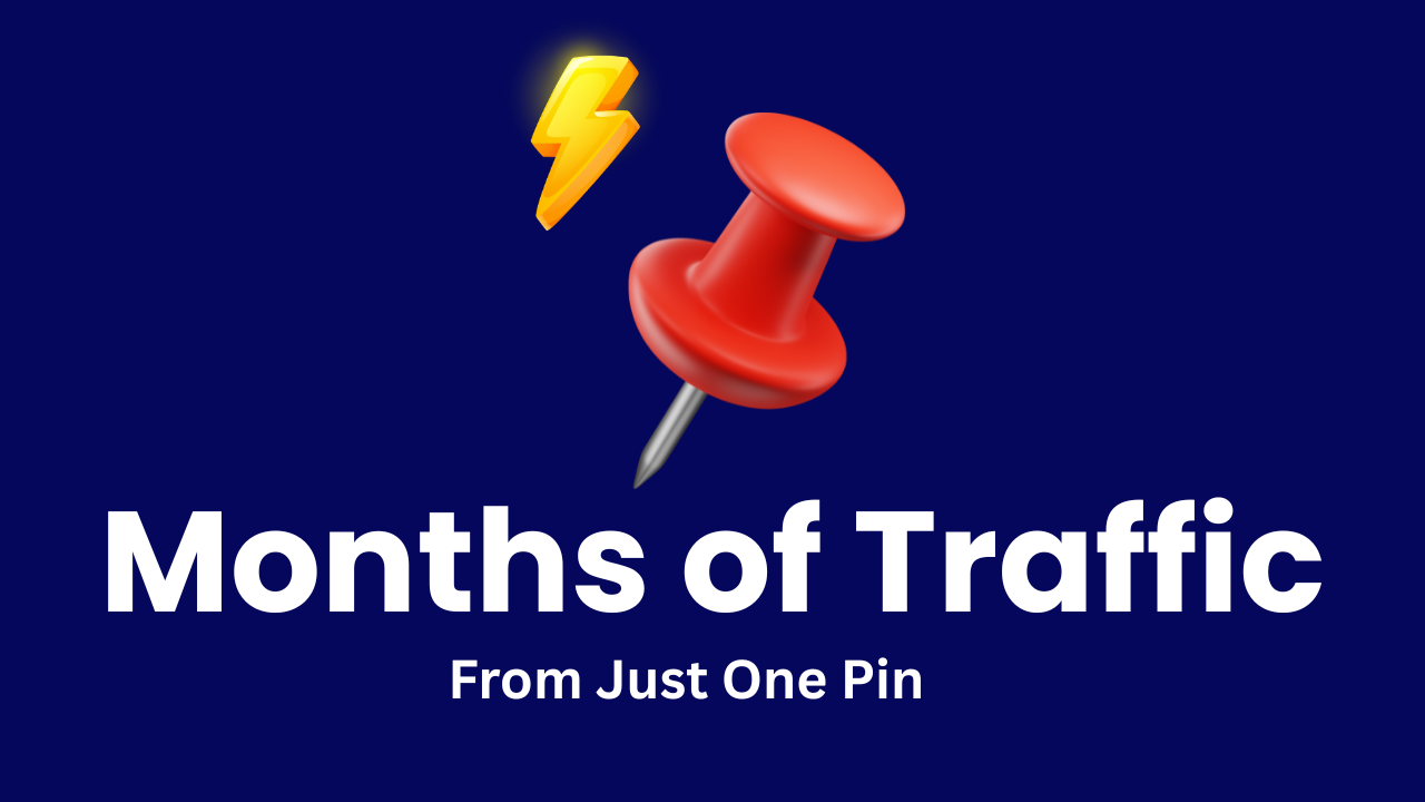 "Months of traffic from just one pin" text on blue background with lightning bolt and red thumbtack icons