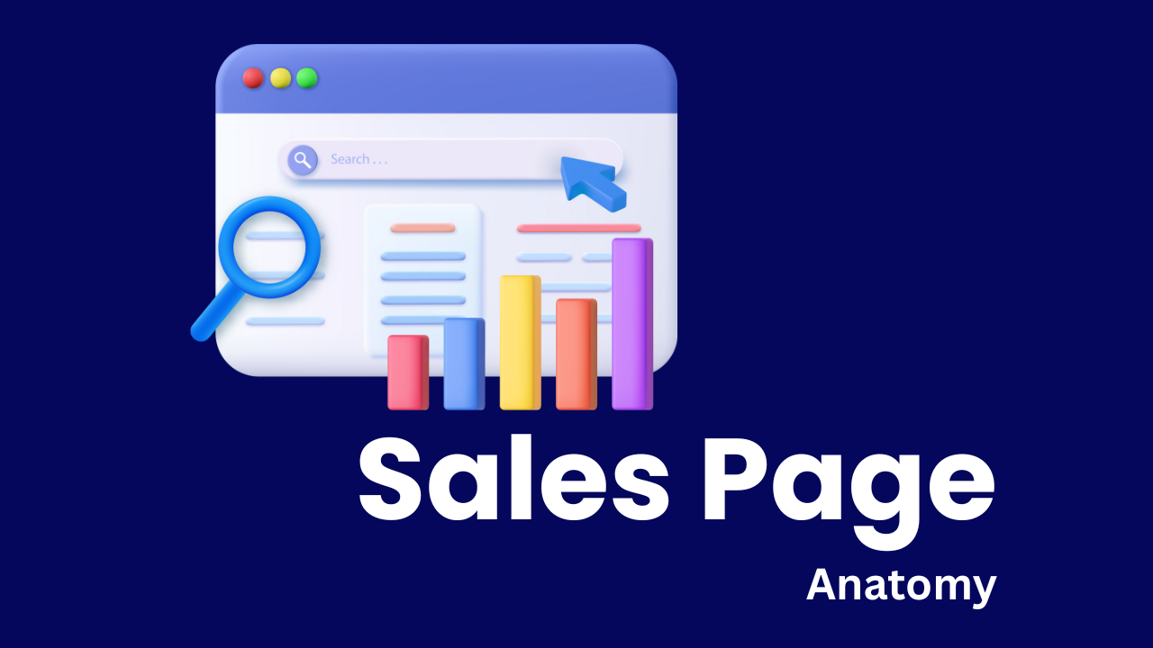 "Sales page anatomy" text on blue background with icon of magnifying glass over web browser