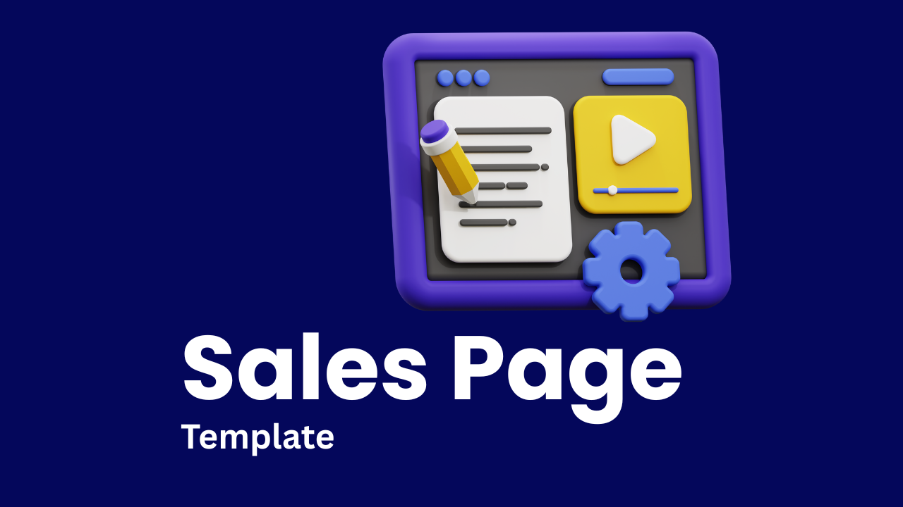 "Sales page template" text on blue background with computer screen showing page and pencil icon