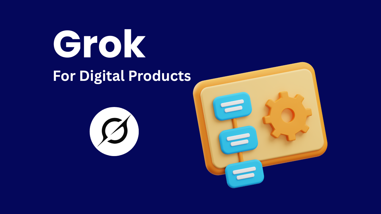 "Grok for Digital Products" with icon of computer screen overlayed with cogwheel and chat icons and Grok logo on blue background