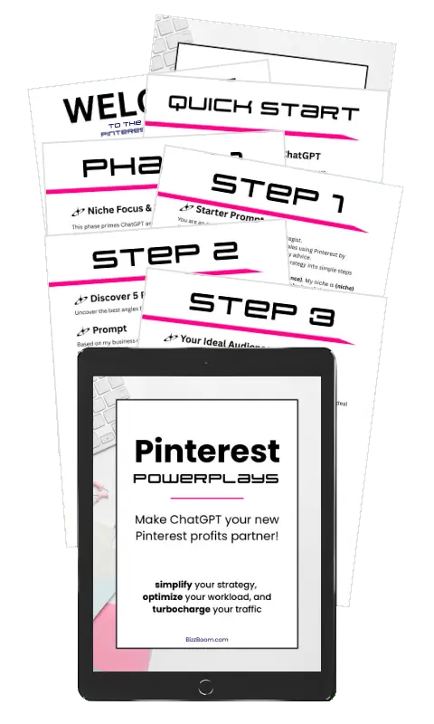 tablet mockup of with Pinterest Powerplays cover on a spread of pages from the pdf